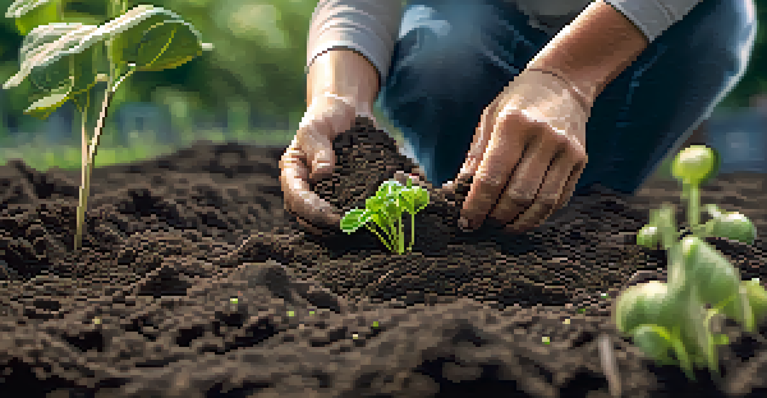 Close-up of hands planting seeds in soil in a community garden, with growing vegetables in the background.