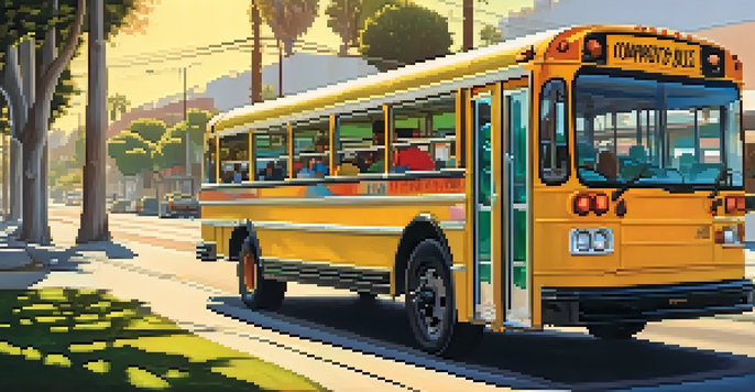 A colorful city bus on a sunny street with trees and urban buildings in the background, featuring passengers inside the bus and a digital display at a bus stop.