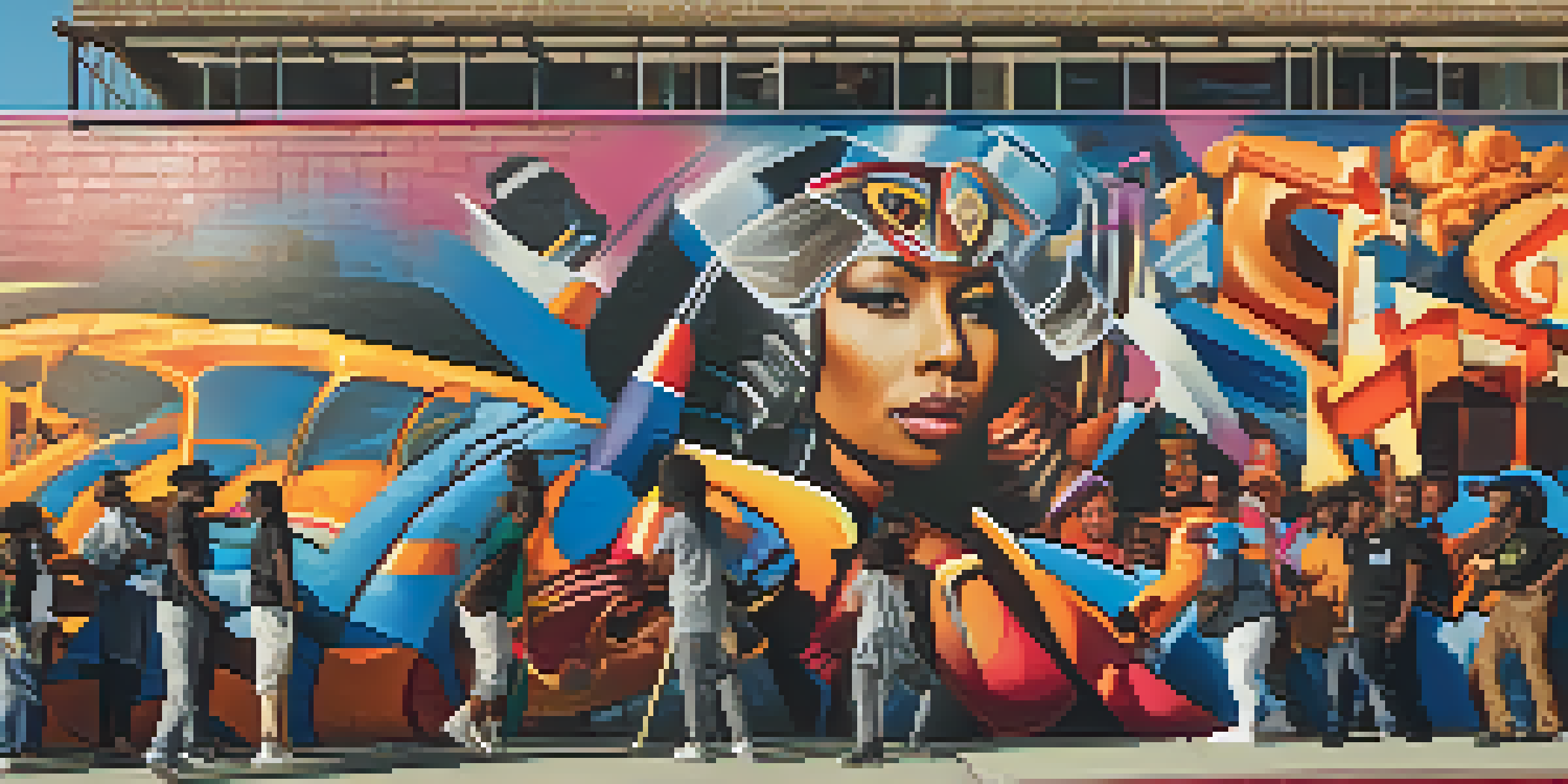 A colorful mural on a brick wall in Compton, showing graffiti art and artists at work, illuminated by warm golden hour light.