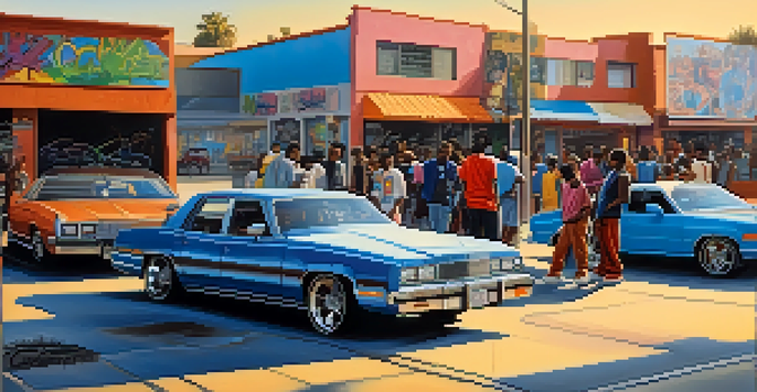 A lively street scene in Compton with young people in hip-hop attire, colorful graffiti, and classic cars, illuminated by the warm light of the golden hour.