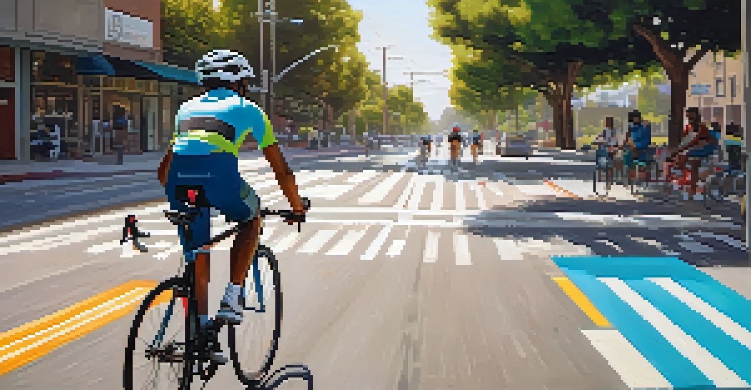 A cyclist in Compton riding in a safe bike lane with bike-sharing stations nearby.