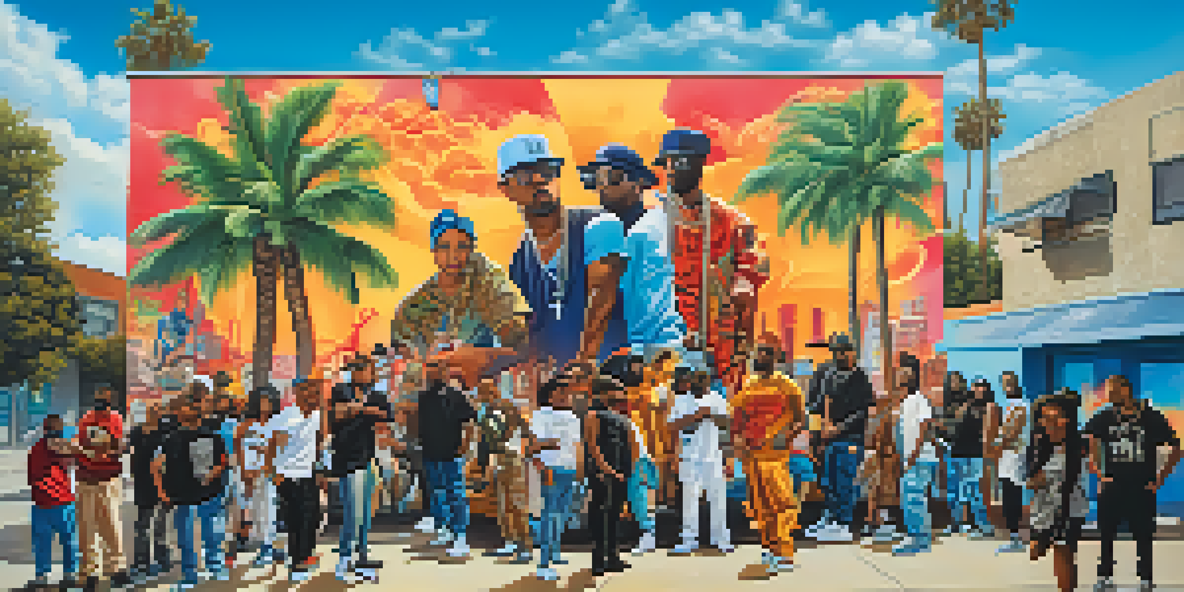 A lively street performance by hip-hop artists in Compton, with a colorful mural in the background and palm trees.