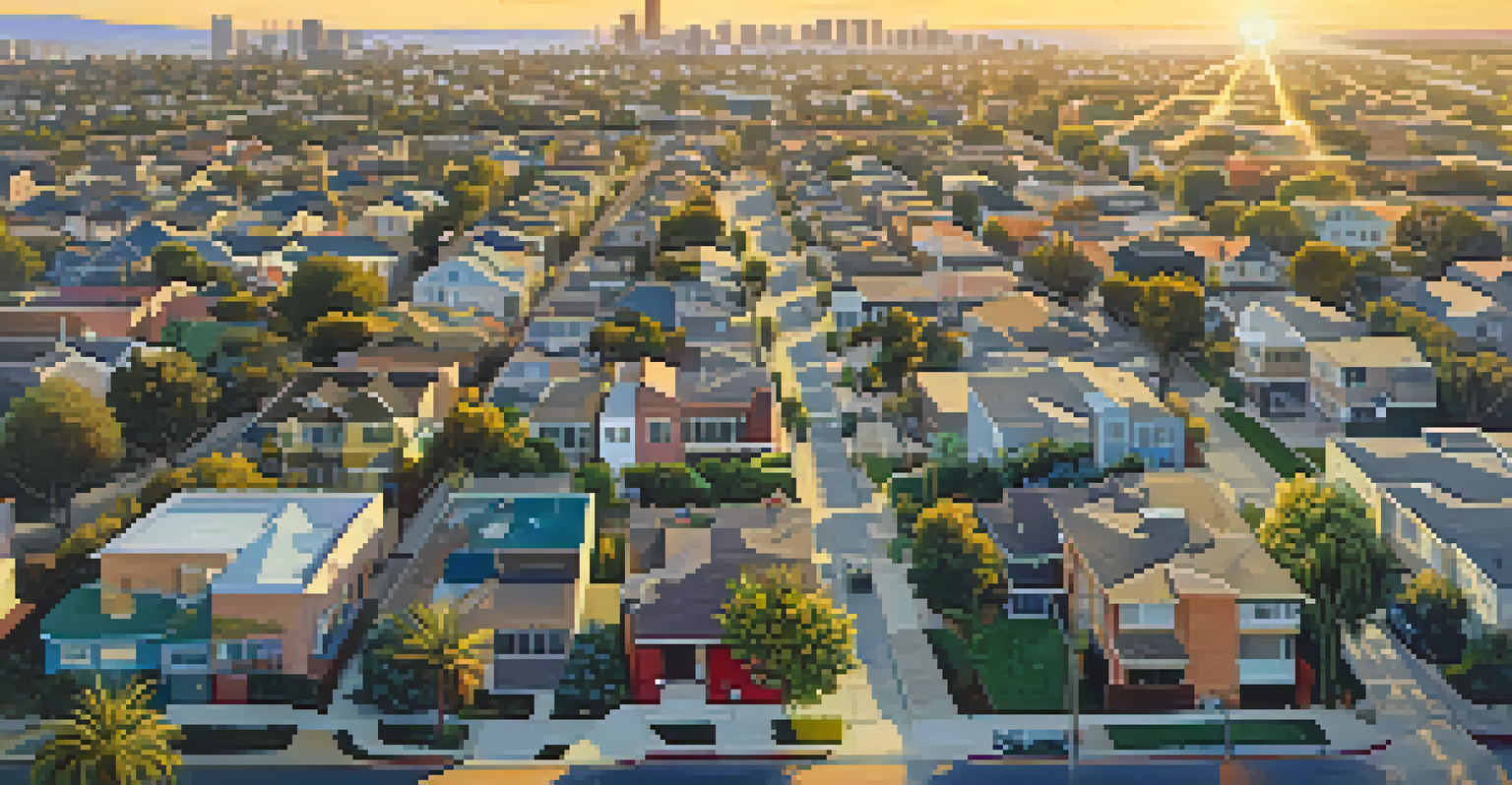 Aerial view of Compton showing a mix of modern architecture and traditional neighborhoods, with vibrant street art and green spaces at sunset.