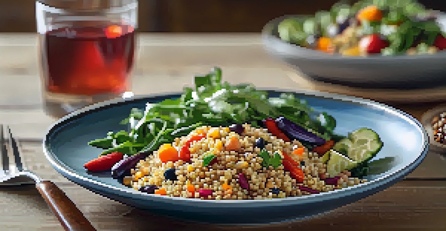 A close-up of a healthy meal with quinoa, roasted vegetables, and beans arranged on a wooden table, highlighting the vibrant colors and textures of the food.
