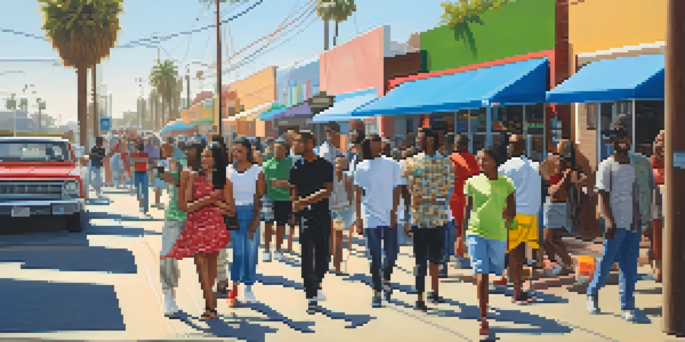 A lively street scene in Compton with diverse individuals engaging in daily activities, surrounded by colorful murals and palm trees.