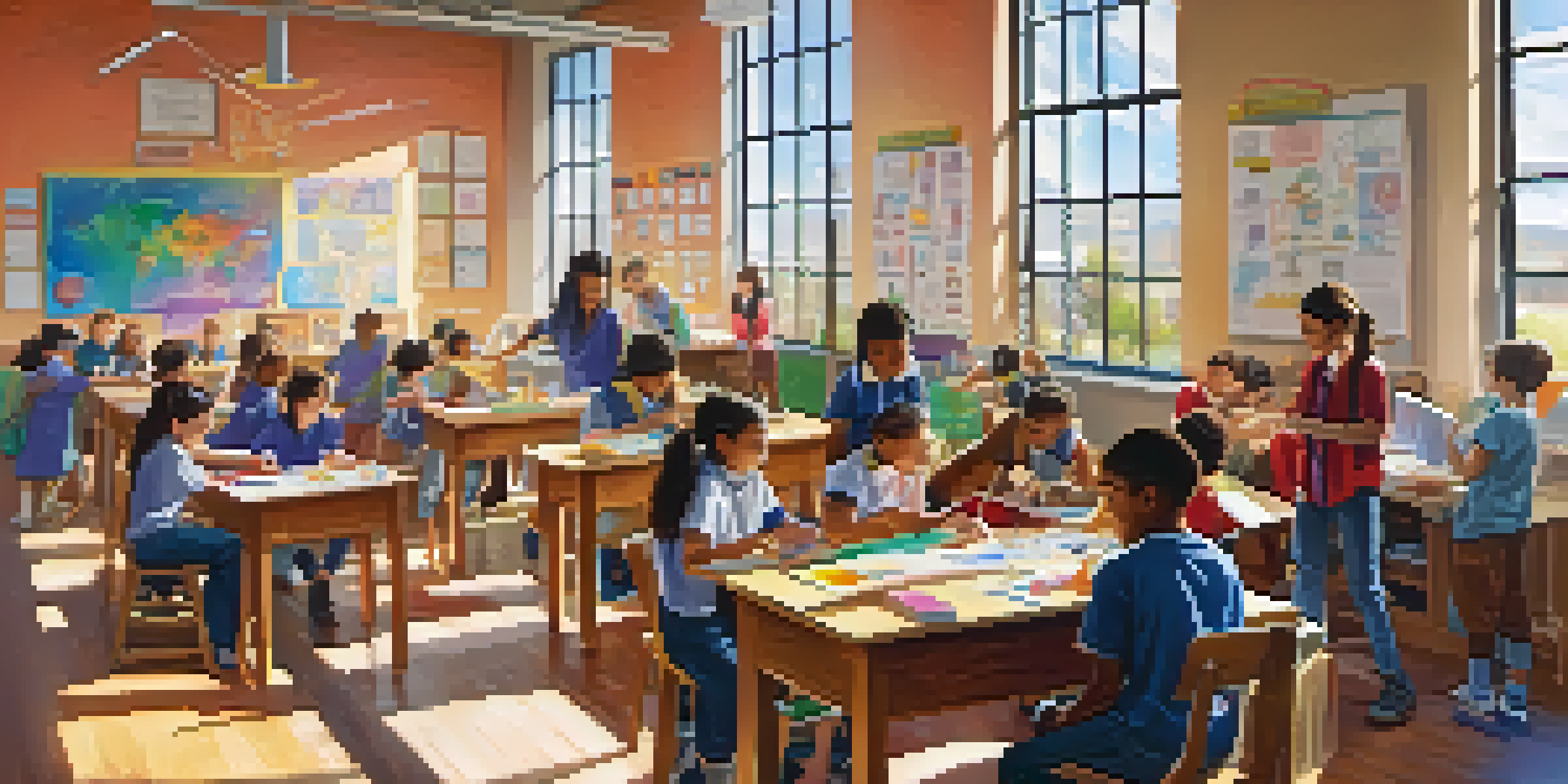 A diverse group of students engaged in a science experiment in a bright classroom filled with educational materials.
