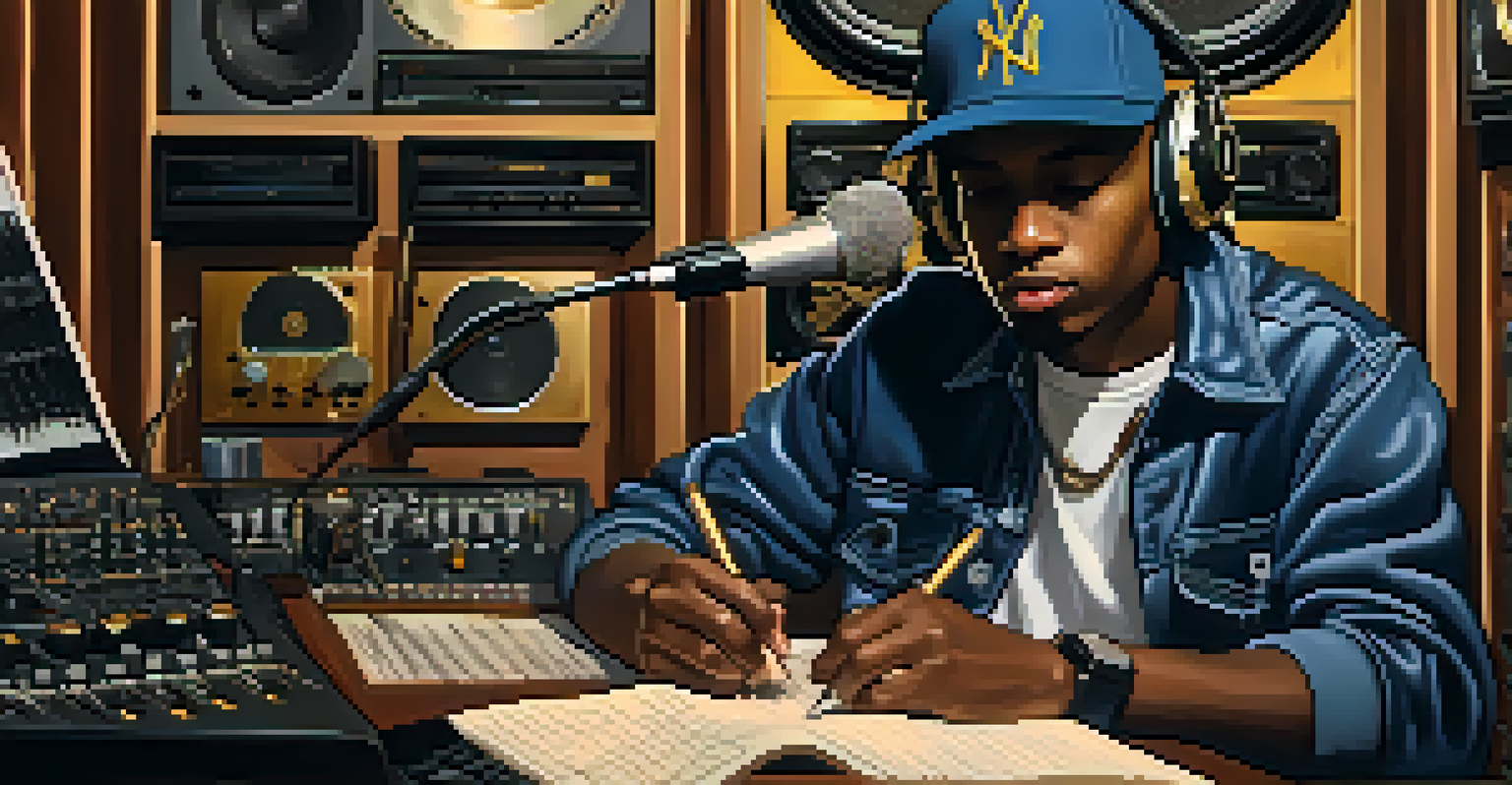 A young hip-hop artist writing lyrics in a recording studio, surrounded by sound equipment and warm ambient lighting.