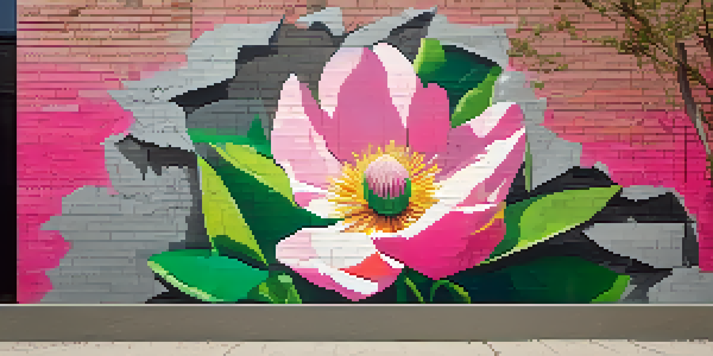 A colorful mural showing a flower blooming through concrete, representing strength and hope in an urban environment.