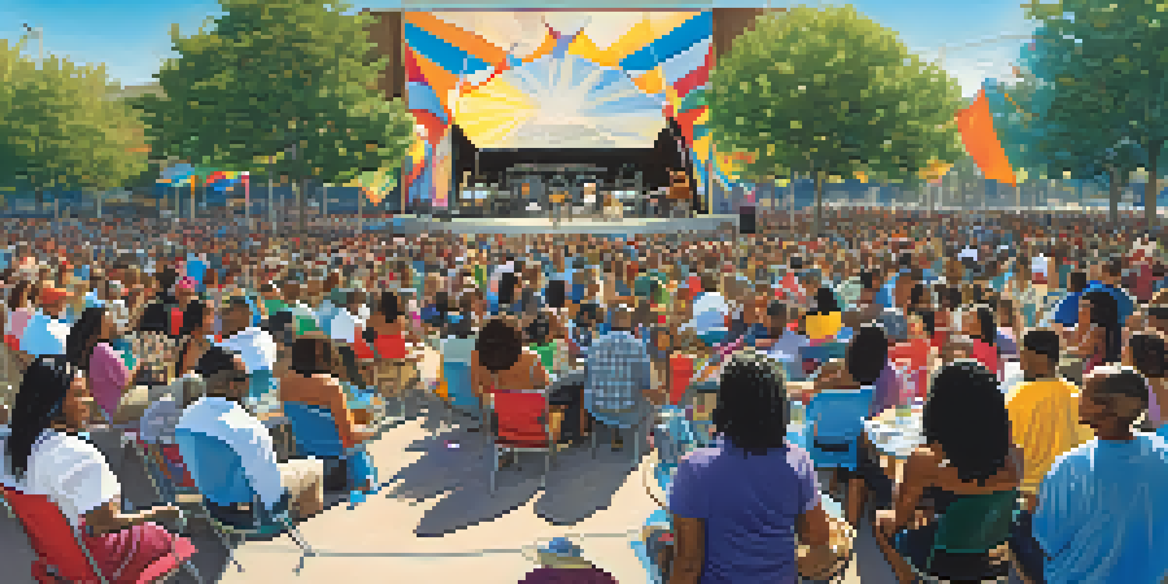 A lively outdoor concert at the Compton Civic Center with diverse musicians and an audience of families enjoying the performance.