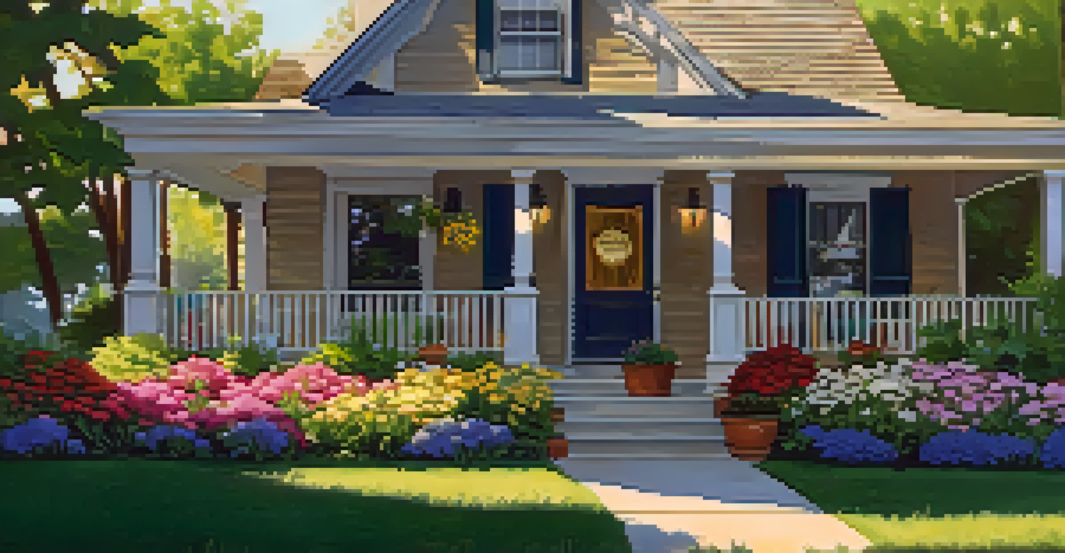 A close-up of a neighborhood watch sign in a vibrant front yard, with flowers and a neighbor waving in the background.