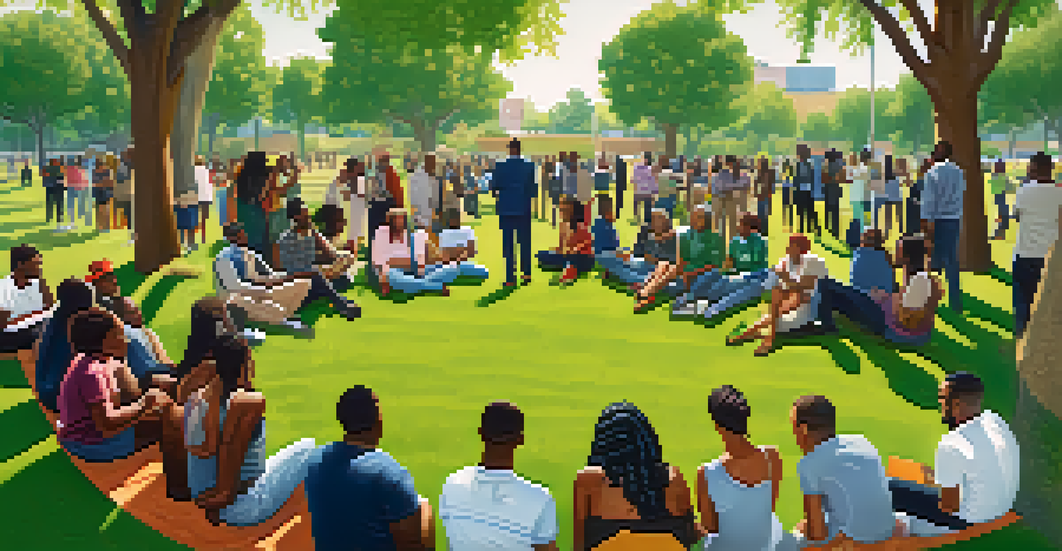 A diverse group of residents in a park discussing community issues related to gentrification, emphasizing collaboration and unity.