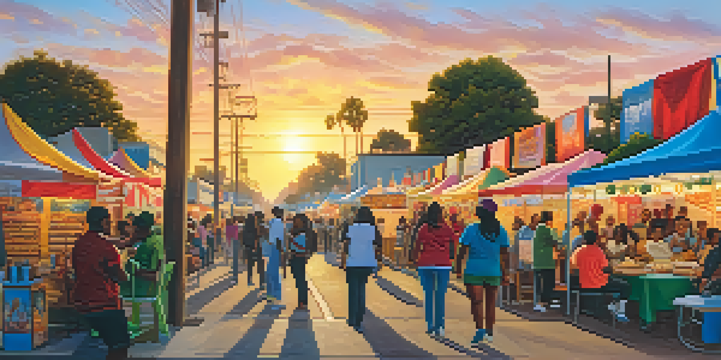 A lively street festival in Compton with diverse people, colorful banners, food stalls, and musicians under a sunset.