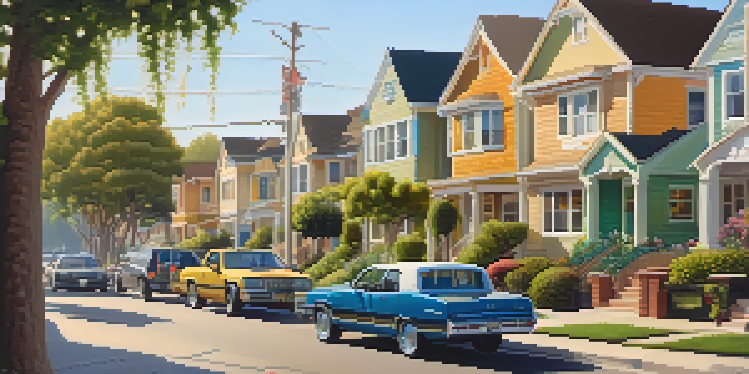 A lively neighborhood in Compton with families in parks and colorful homes during sunset.