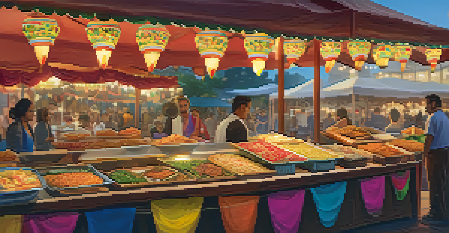 A close-up view of a food stall with diverse dishes and colorful decorations at the Compton food festival.