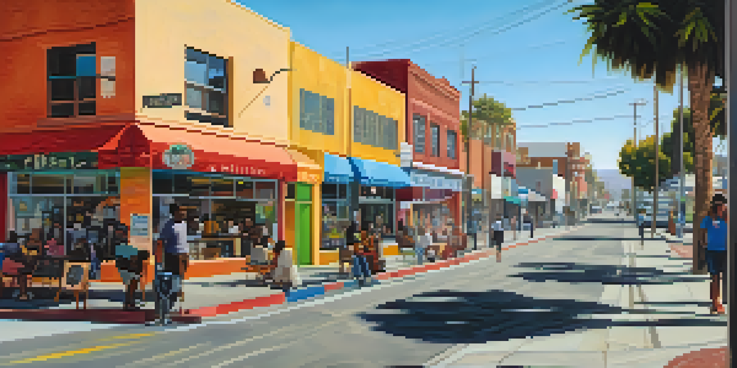 A lively street scene in Compton featuring colorful murals and modern shops, with people interacting under warm sunlight.