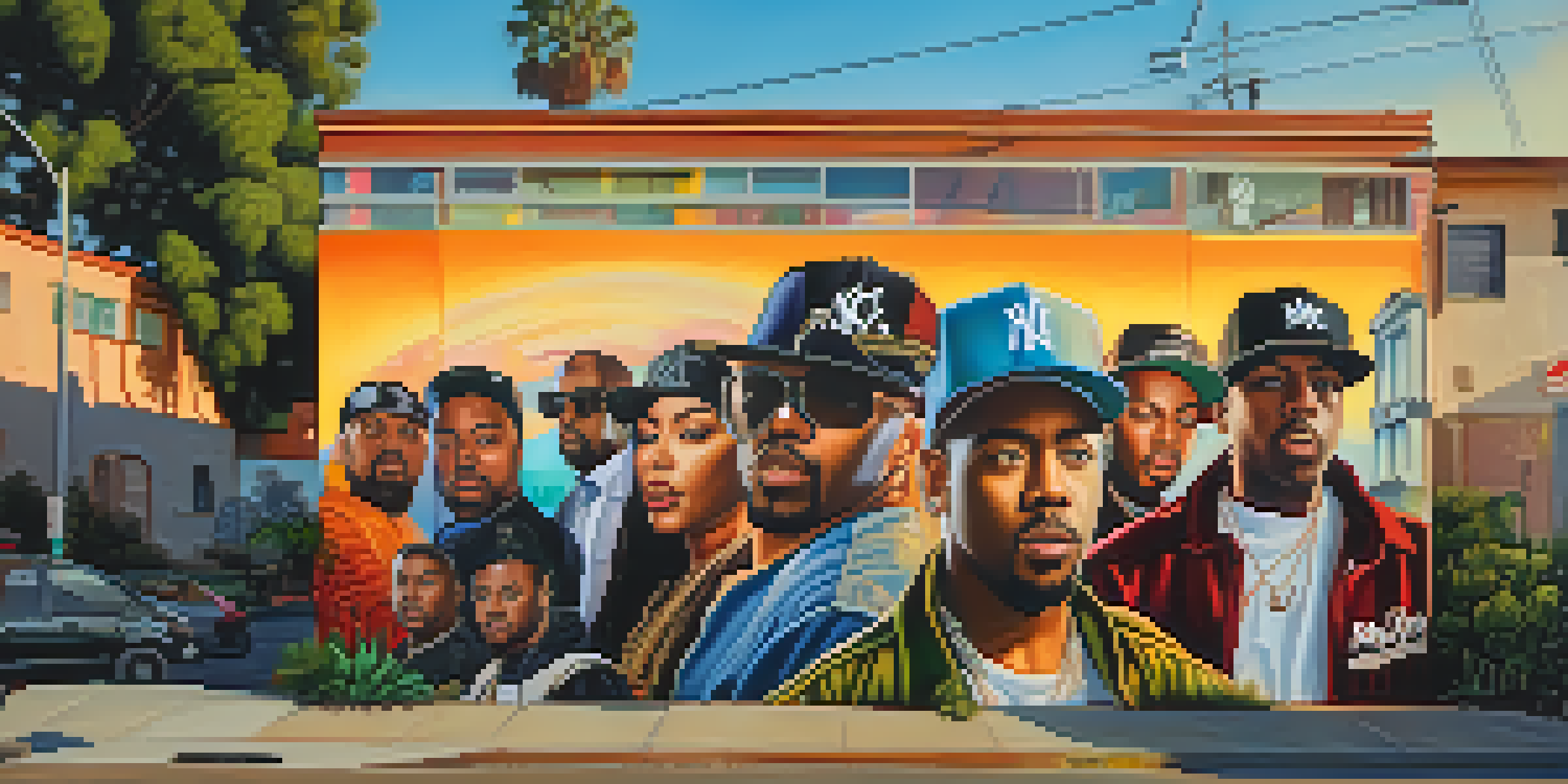 A street in Compton with a colorful mural of hip-hop icons, illuminated by the warm glow of a setting sun.
