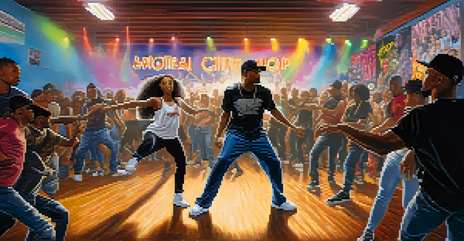 Two dancers engaged in a dynamic battle inside a community center, with an enthusiastic audience and colorful posters of hip-hop culture in the background.