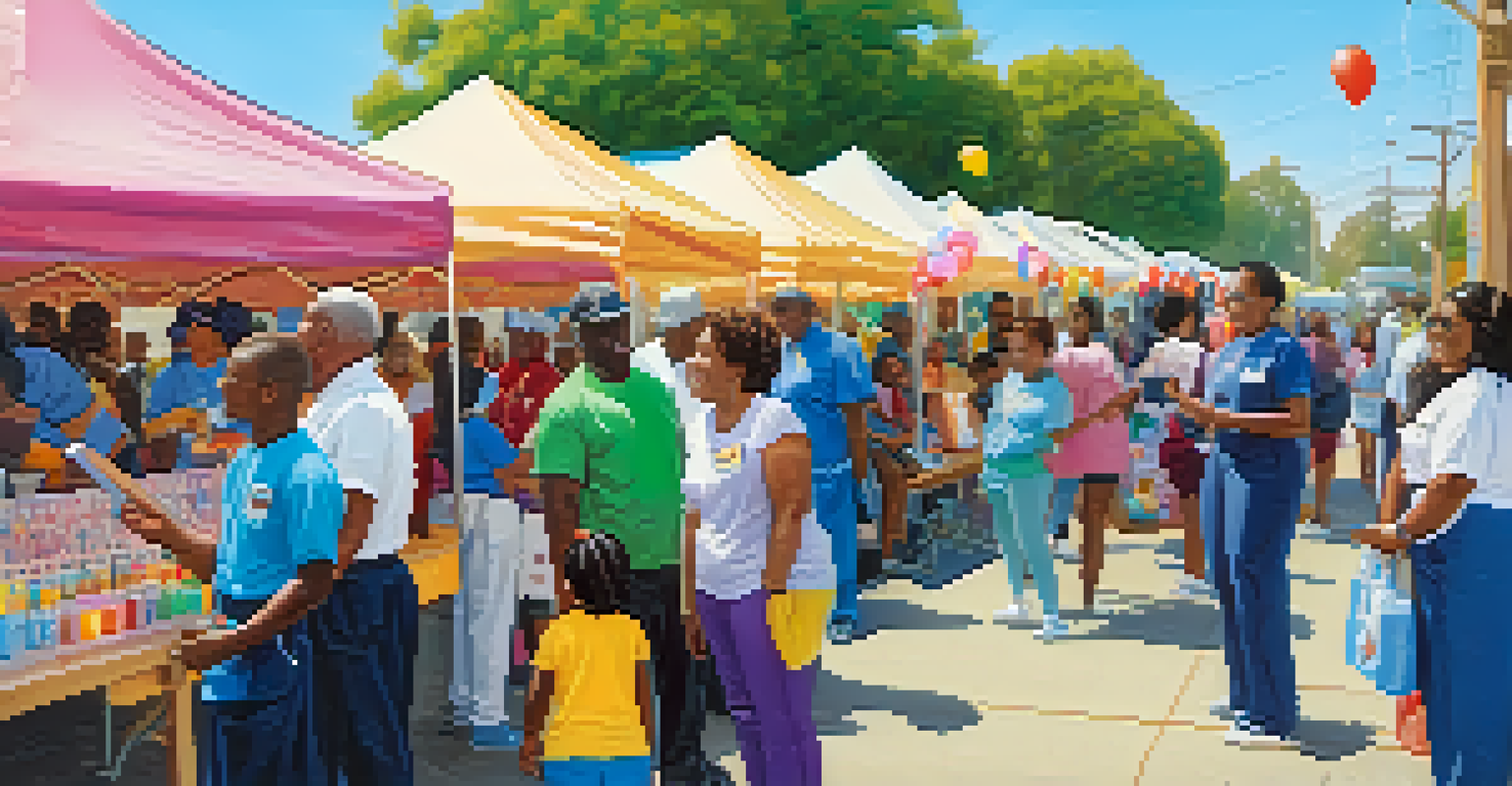A health fair in an outdoor setting, with residents engaging with health professionals and enjoying wellness activities.