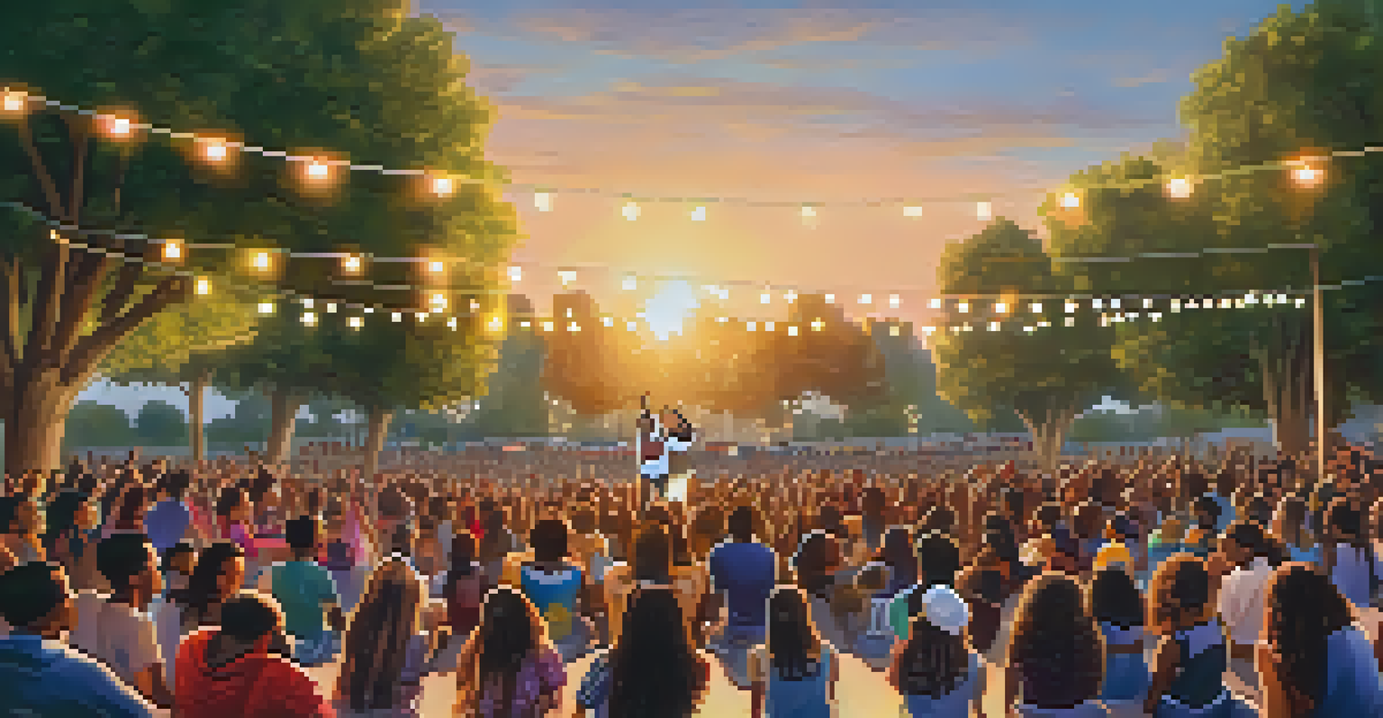 Students performing a dance on stage at an outdoor event in a park, with a joyful audience and festive decorations.