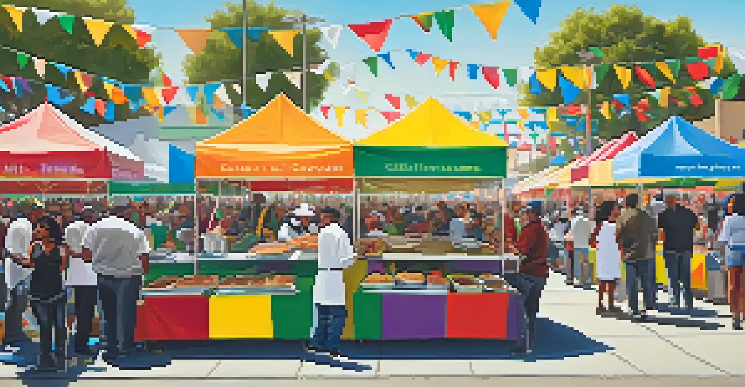 An outdoor food festival in Compton with various food stalls, people enjoying dishes, and a festive atmosphere.