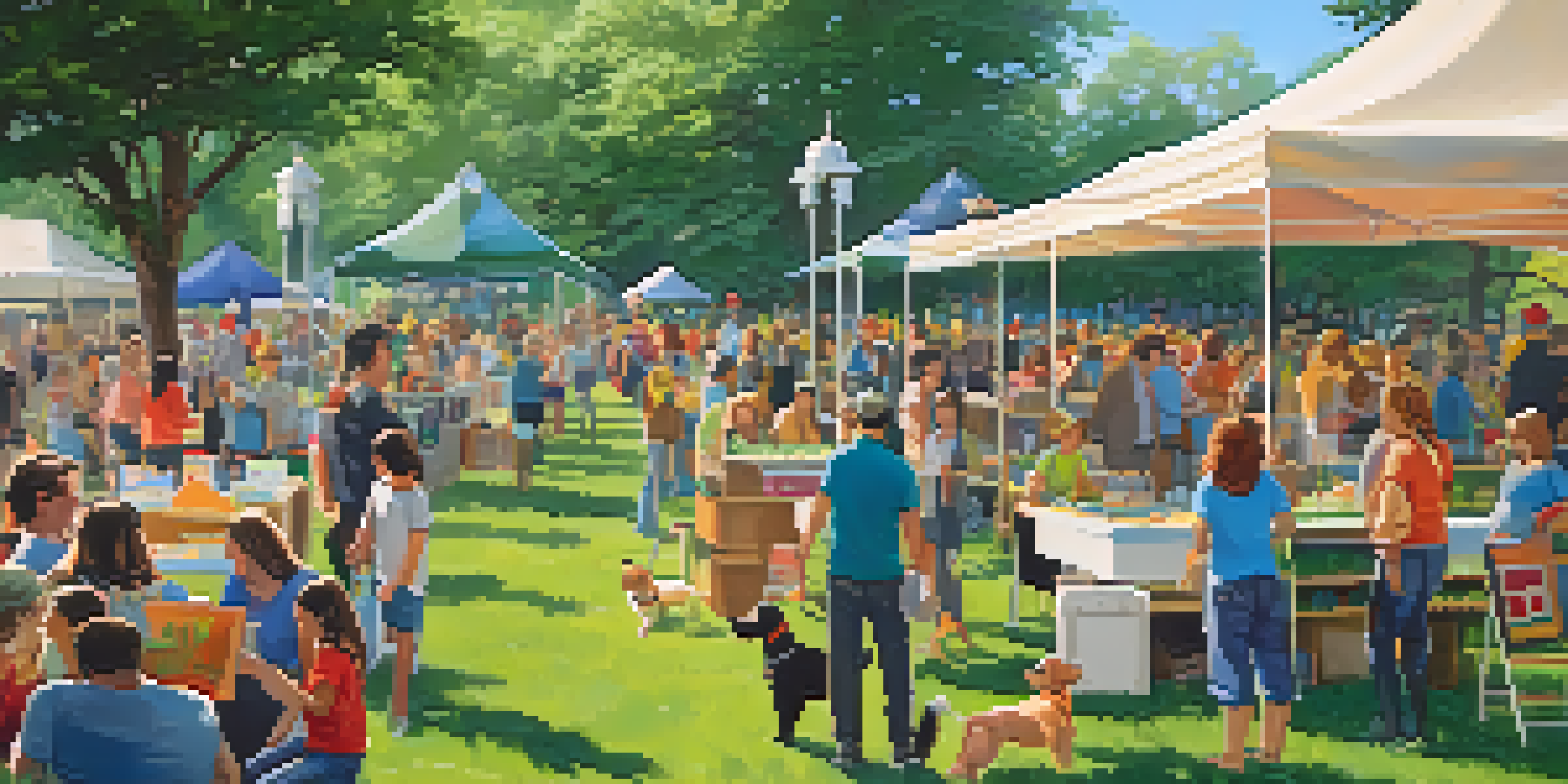 A community event in a park featuring families, pets, and informative booths about spay and neuter programs under a sunny sky.