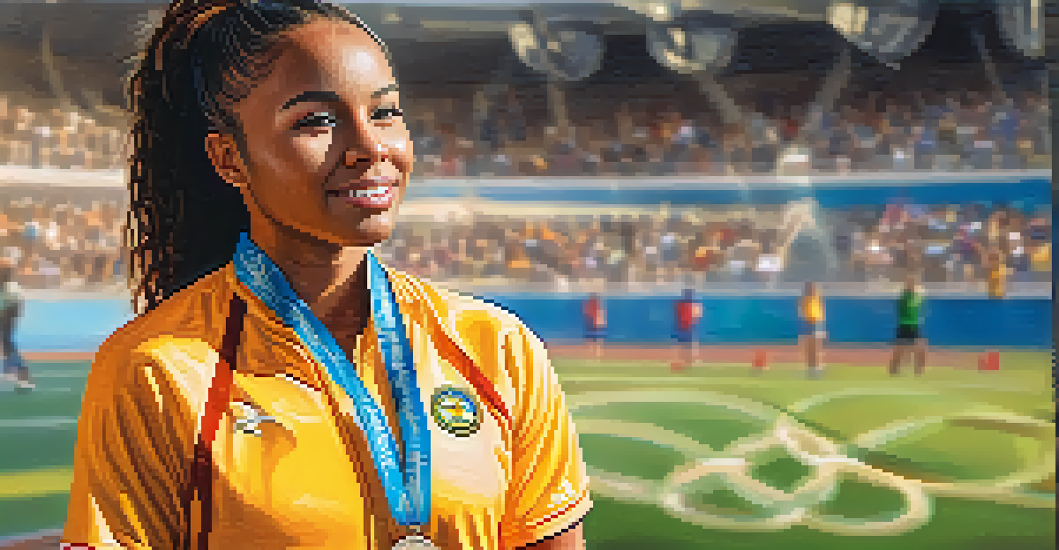 A proud female athlete in sports uniform with medals, standing on a sports field.
