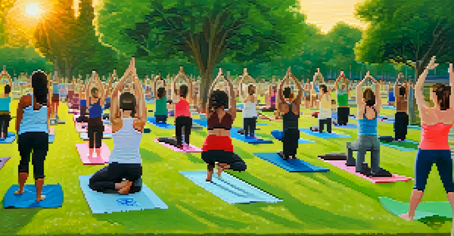 A community fitness group practicing yoga in a park during sunset, surrounded by nature.