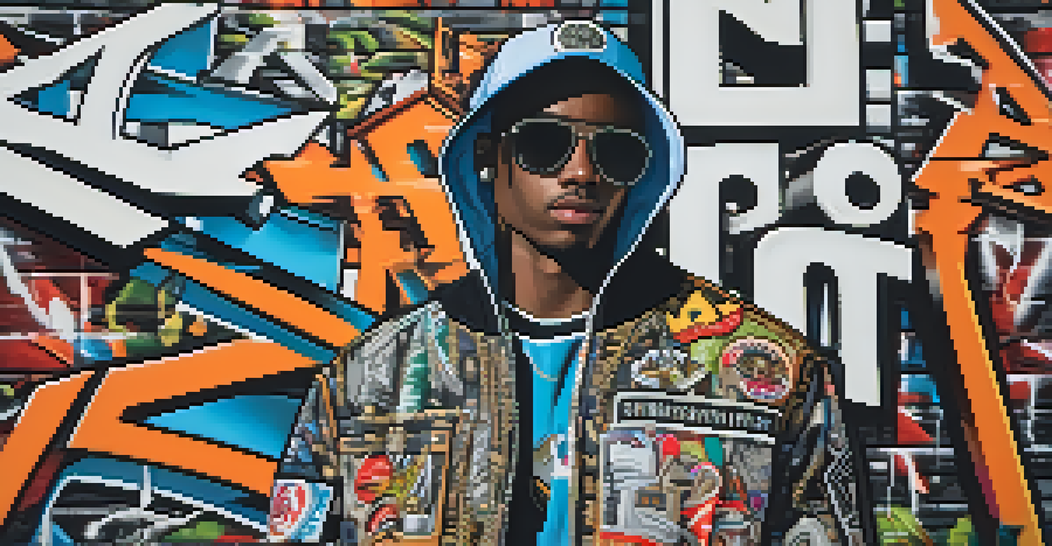 A close-up view of a streetwear outfit with bold graphics inspired by Compton's culture, against a graffiti backdrop.