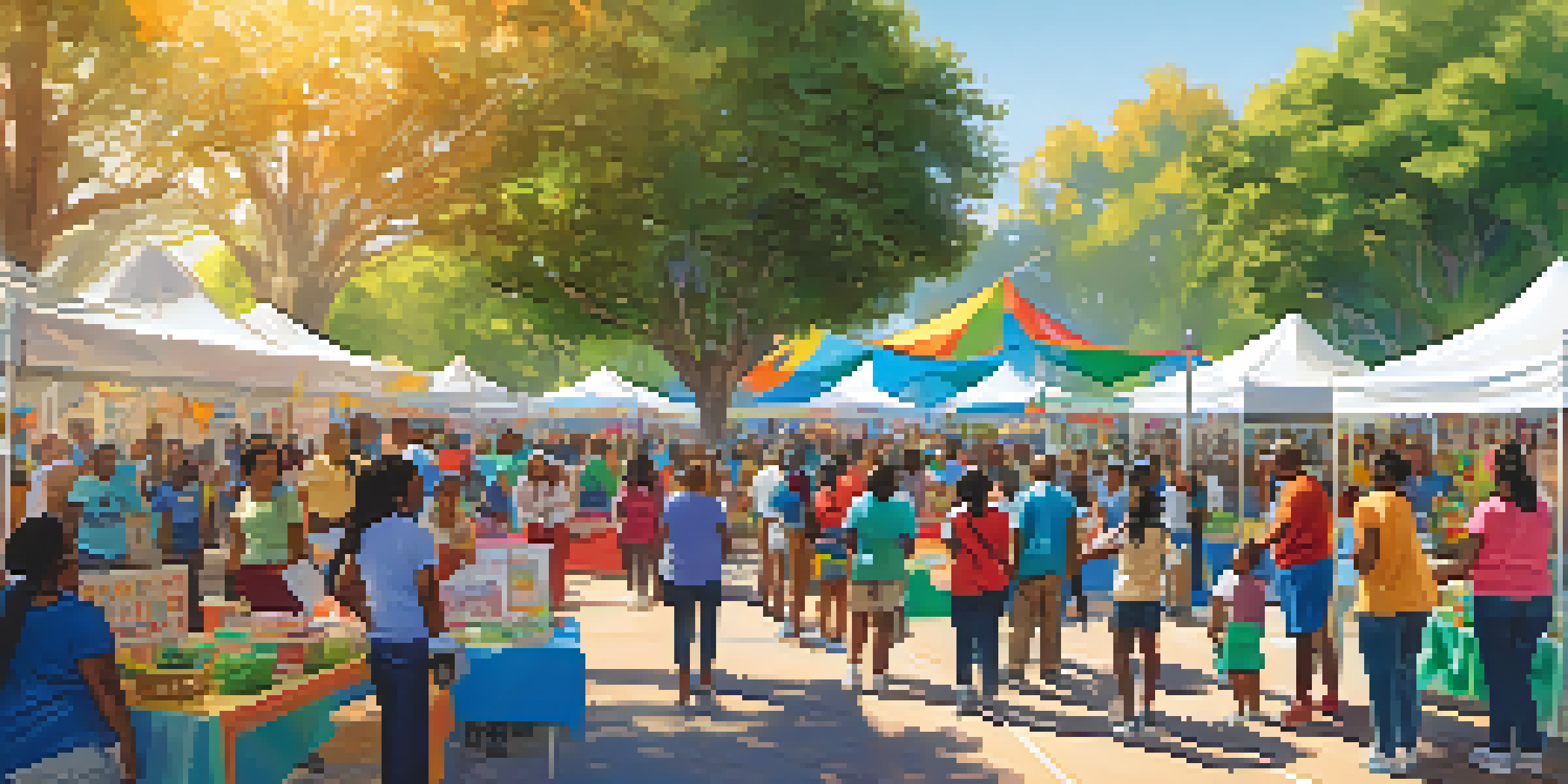 A lively community health fair with families participating in activities, colorful booths, and sunny weather.