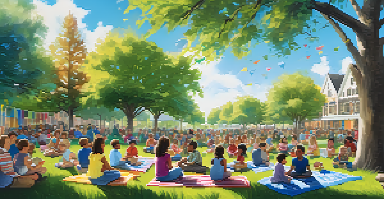 An outdoor storytelling event at a library with families gathered under a tree, listening to a storyteller.