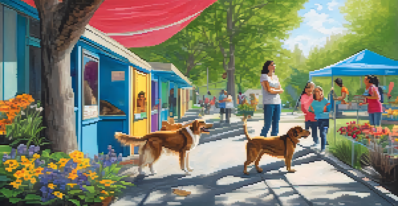 A lively animal shelter with happy pets and volunteers, showcasing banners for spay and neuter programs in a colorful outdoor setting.