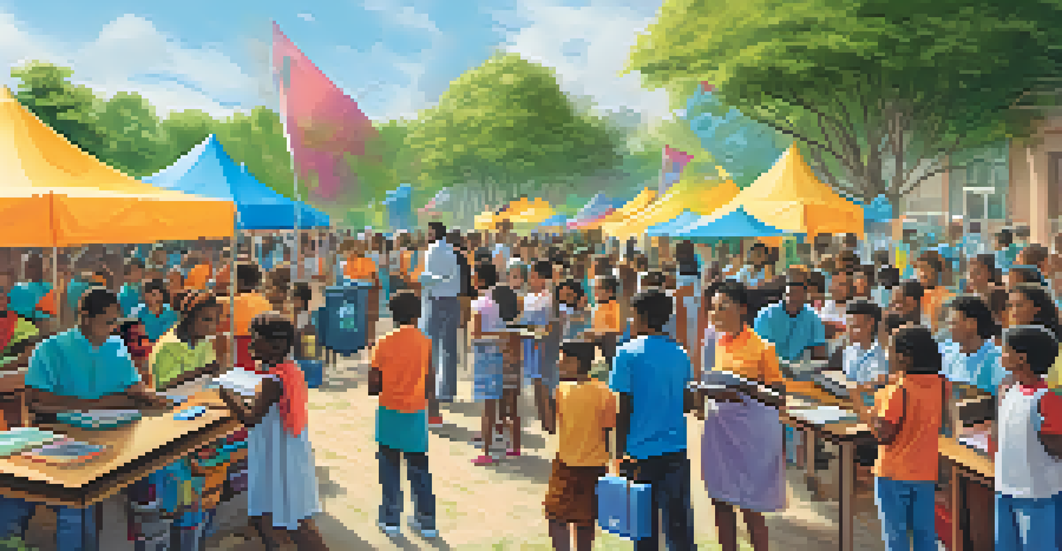 A community event with families receiving laptops and internet resources, surrounded by banners and smiling faces.