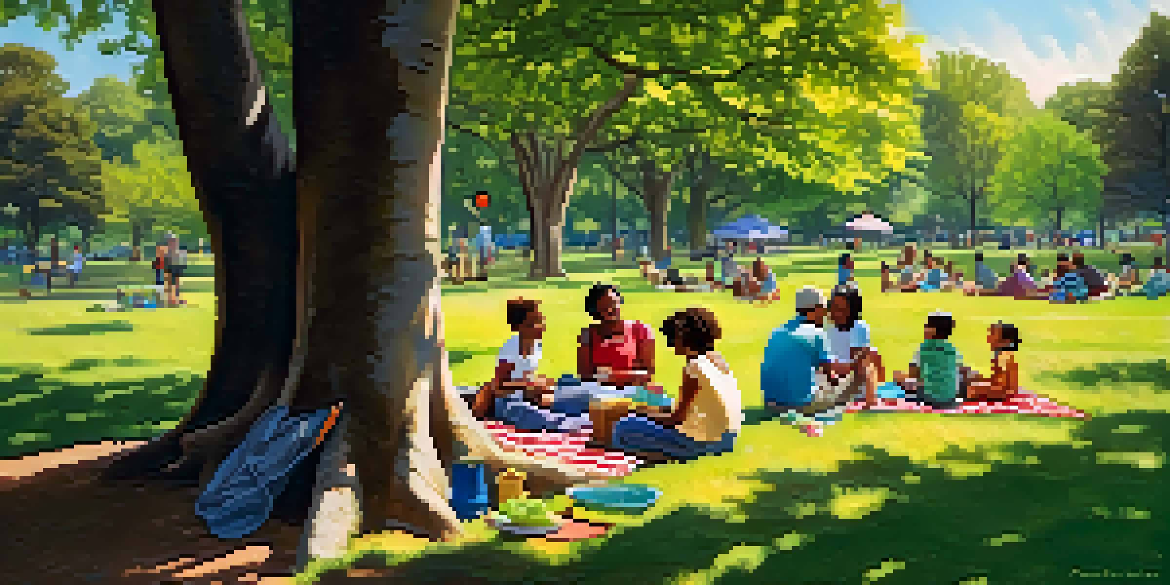 A family picnic in a park with children playing on swings and adults enjoying food on blankets under trees.