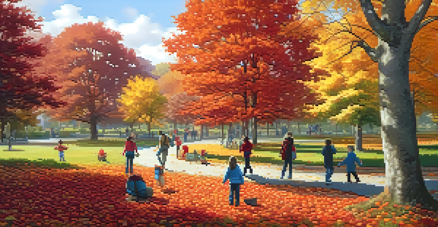 A beautiful autumn scene in a park with colorful trees, children collecting leaves, and a pumpkin patch.