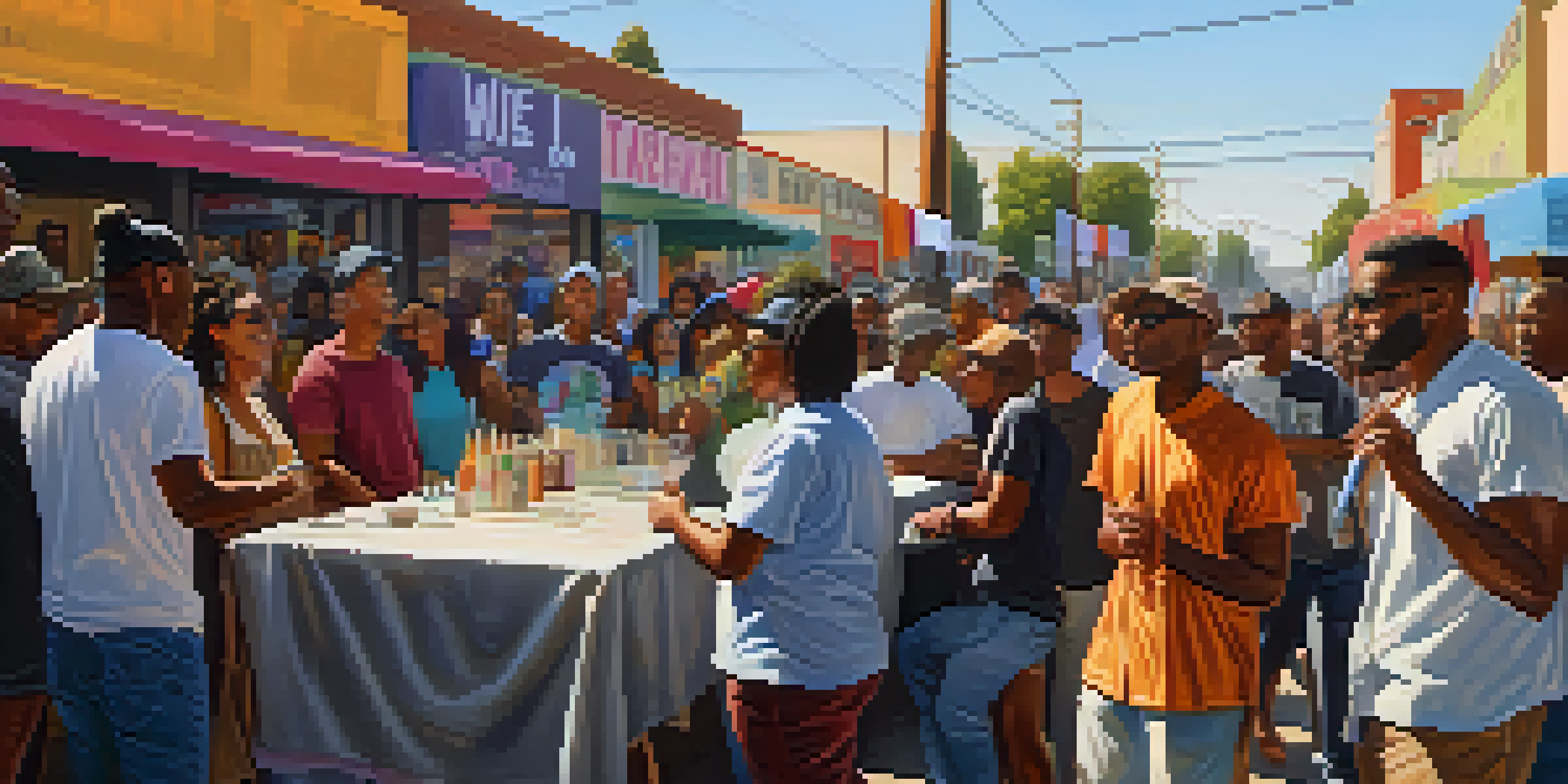 A lively street scene in Compton with diverse poets performing at a literary festival, surrounded by colorful banners and urban art.