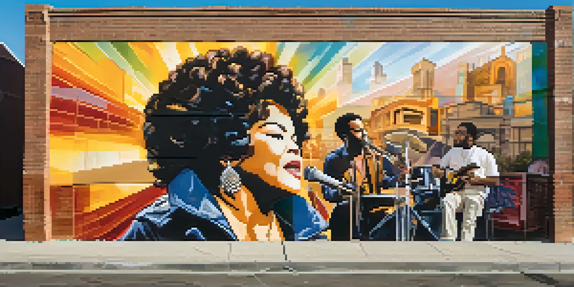 A mural of Etta James on a brick wall in a Compton street, with local musicians playing instruments in warm sunlight.