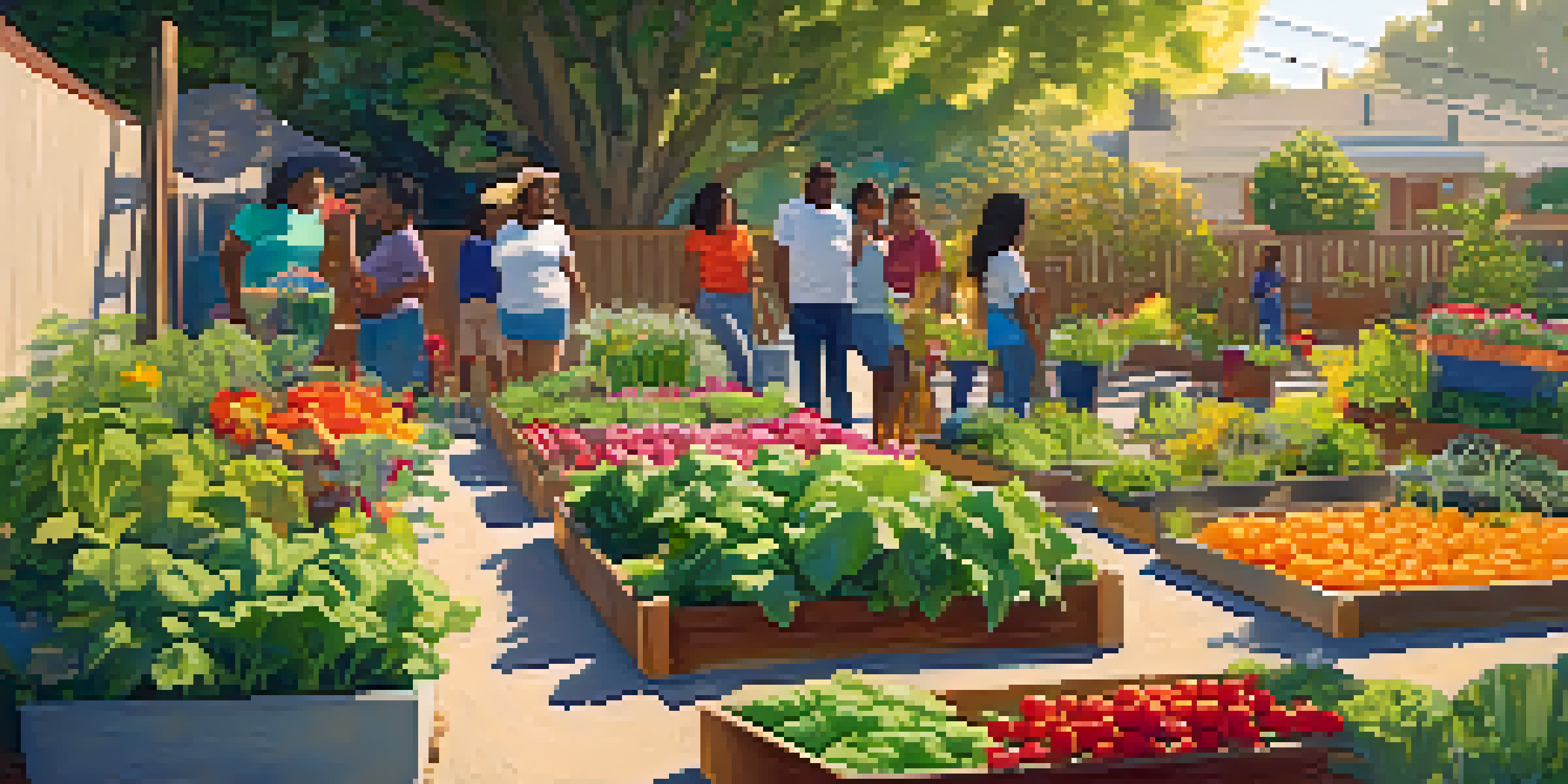A diverse group of residents actively working in a colorful community garden, planting seeds and tending to vegetables and flowers under warm sunlight.