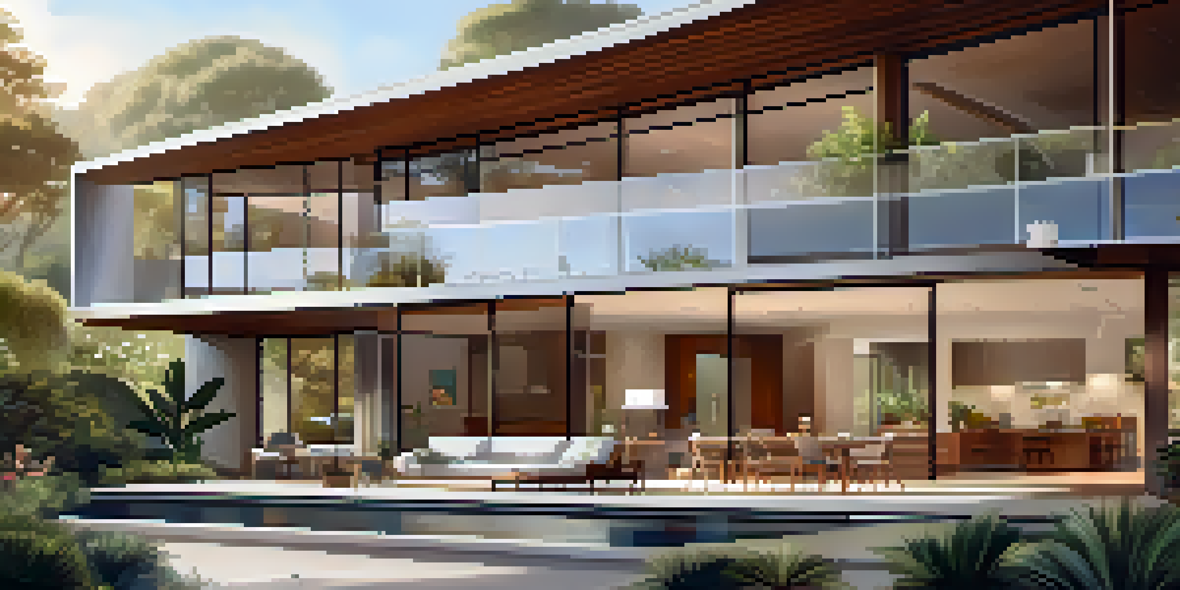 A mid-century modern home with large glass windows and a wooden exterior, surrounded by greenery and illuminated by sunlight.
