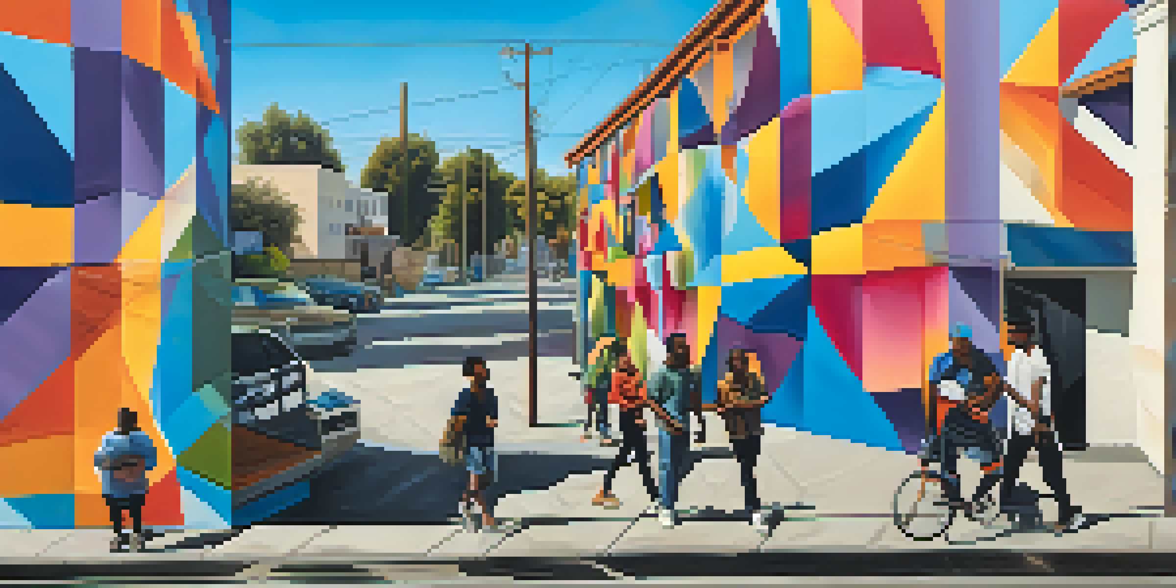 A colorful street mural in Compton depicting geometric patterns and portraits, with pedestrians admiring the art under sunlight.