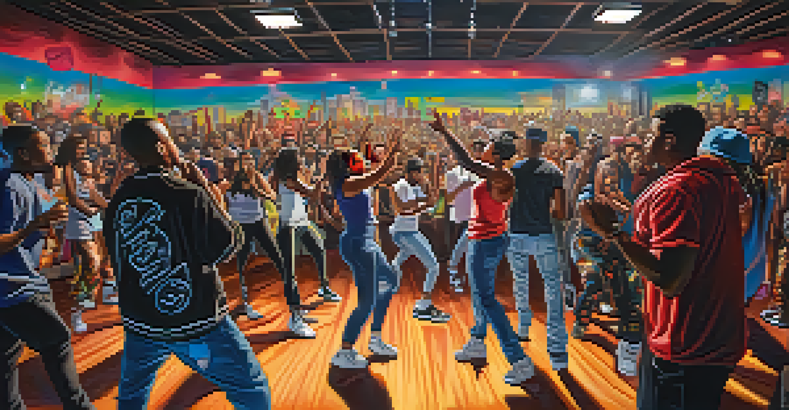 Local hip-hop artists performing on stage in Compton with a lively audience and colorful graffiti in the background.
