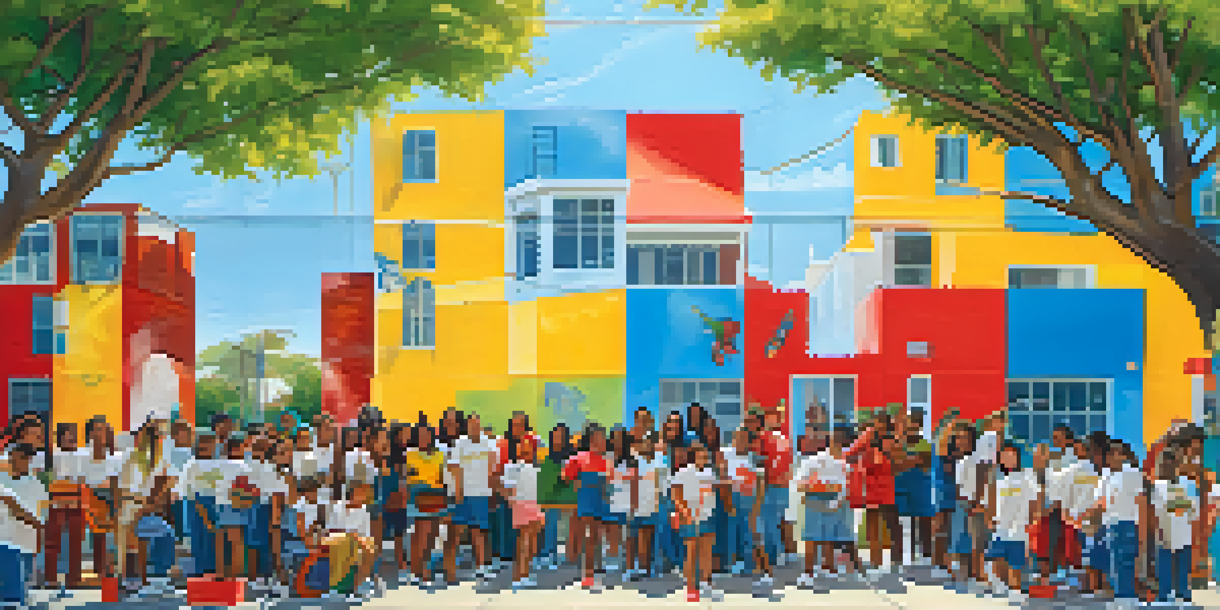 A group of diverse students collaborating on a colorful mural in a community art project, showcasing cultural symbols.