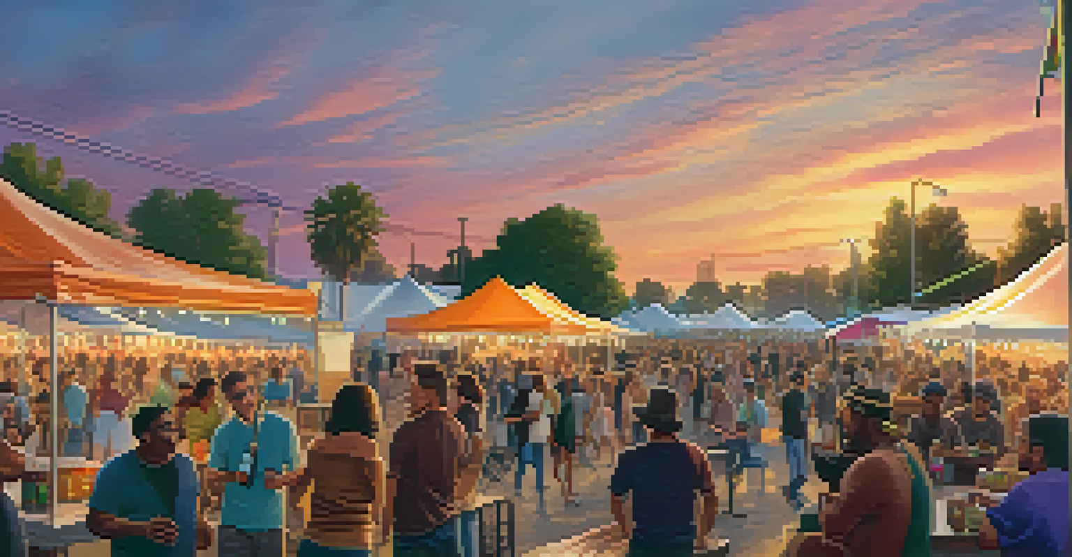 A lively outdoor beer festival in Compton with attendees enjoying craft beers and food, colorful tents, and musicians playing in the background at sunset.