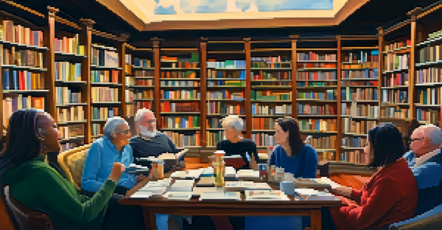 A cozy bookstore scene with local authors sharing their works, surrounded by an attentive audience, highlighting creativity and community spirit.