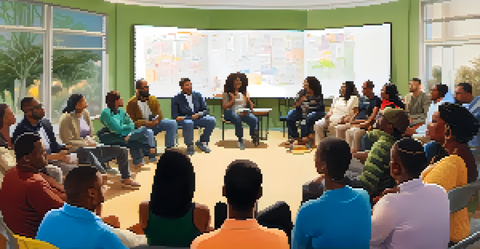 Residents of Compton participating in a community meeting focused on affordable housing initiatives, seated in a circle with a whiteboard in the background.