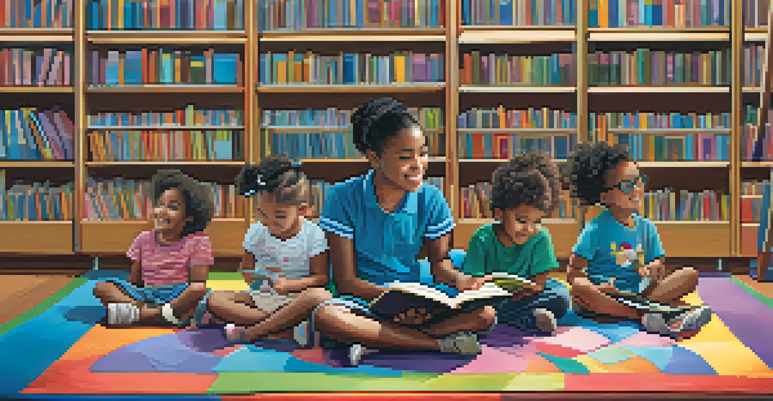Children sitting on a colorful carpet in a library, attentively listening to a librarian read a picture book during storytime.