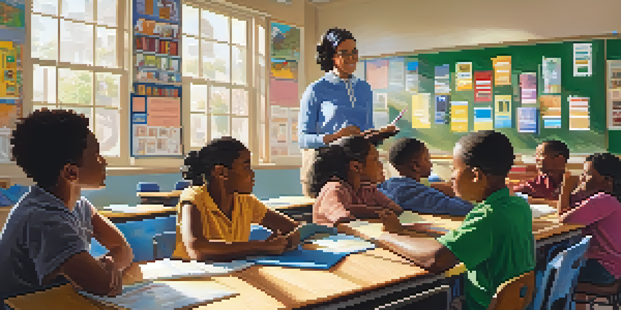 An African American teacher interacts with a diverse group of students in a bright classroom filled with educational materials.