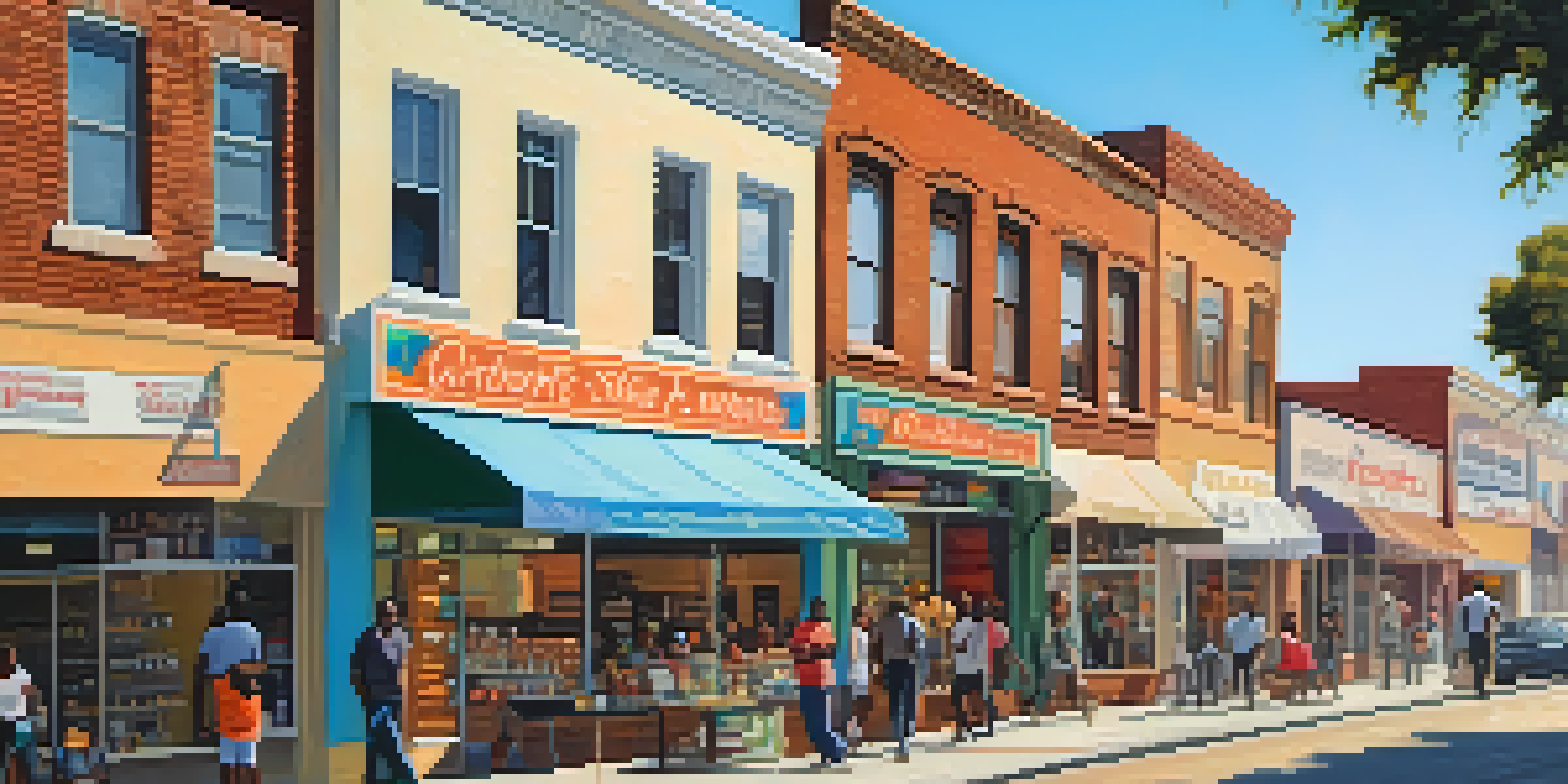 A busy street in Compton with diverse entrepreneurs outside their colorful shops, with warm sunlight and bustling foot traffic.
