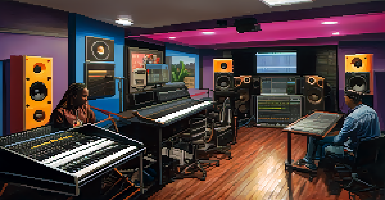 Inside a contemporary recording studio in Compton with young artists collaborating on music.