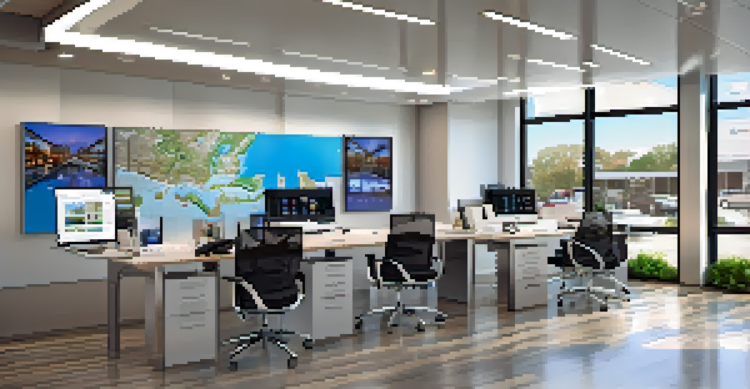 A modern real estate office in Compton with agents and clients discussing over technology.