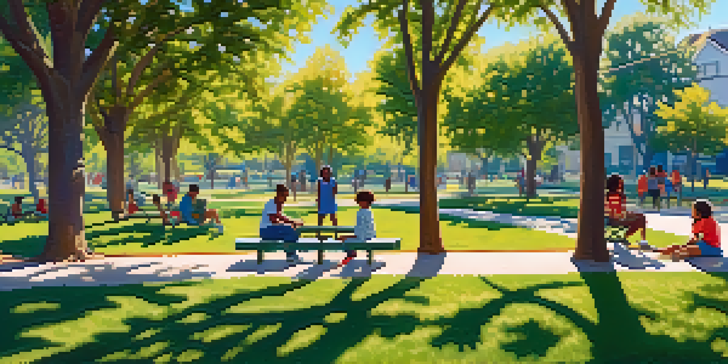 A community park in Compton filled with families, trees, and children playing in a sunny environment.